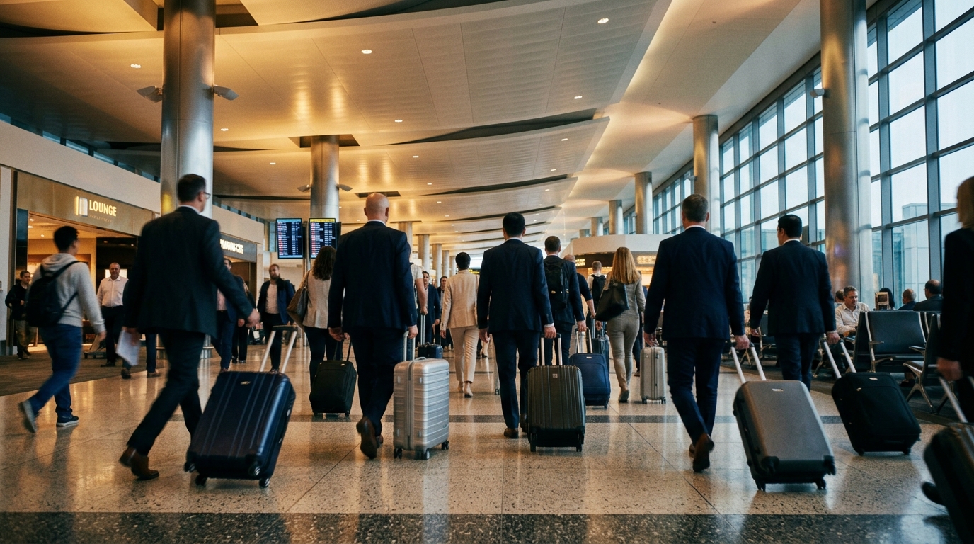 Busy airport terminal full of travellers with luggage