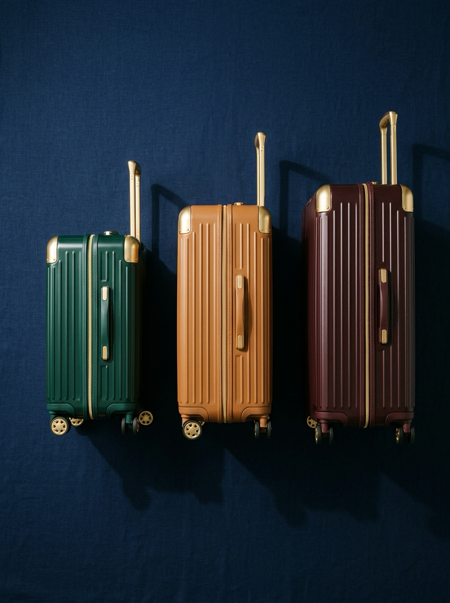Three premium suitcases aligned, seen from above